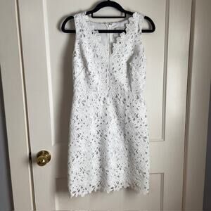 LOFT Petites White Lace Sheath Dress Floral Overlay Wedding Graduation OOP